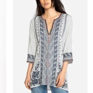 Johnny Was Embroidered Floral Geometric Print Stripe Top Blouse Small